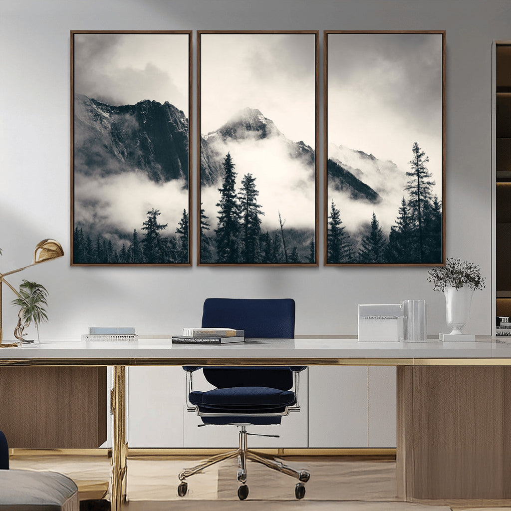 Forest Mountain Print | Black and White Canvas Wall Art with Misty Forest Design