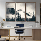 Forest Mountain Print | Black and White Canvas Wall Art with Misty Forest Design