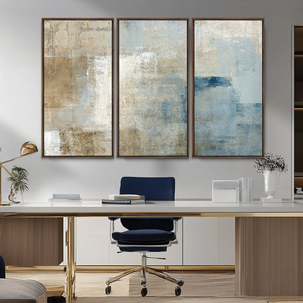 Abstract Blue and Beige Wall Art, Modern Minimalist Canvas Print Set