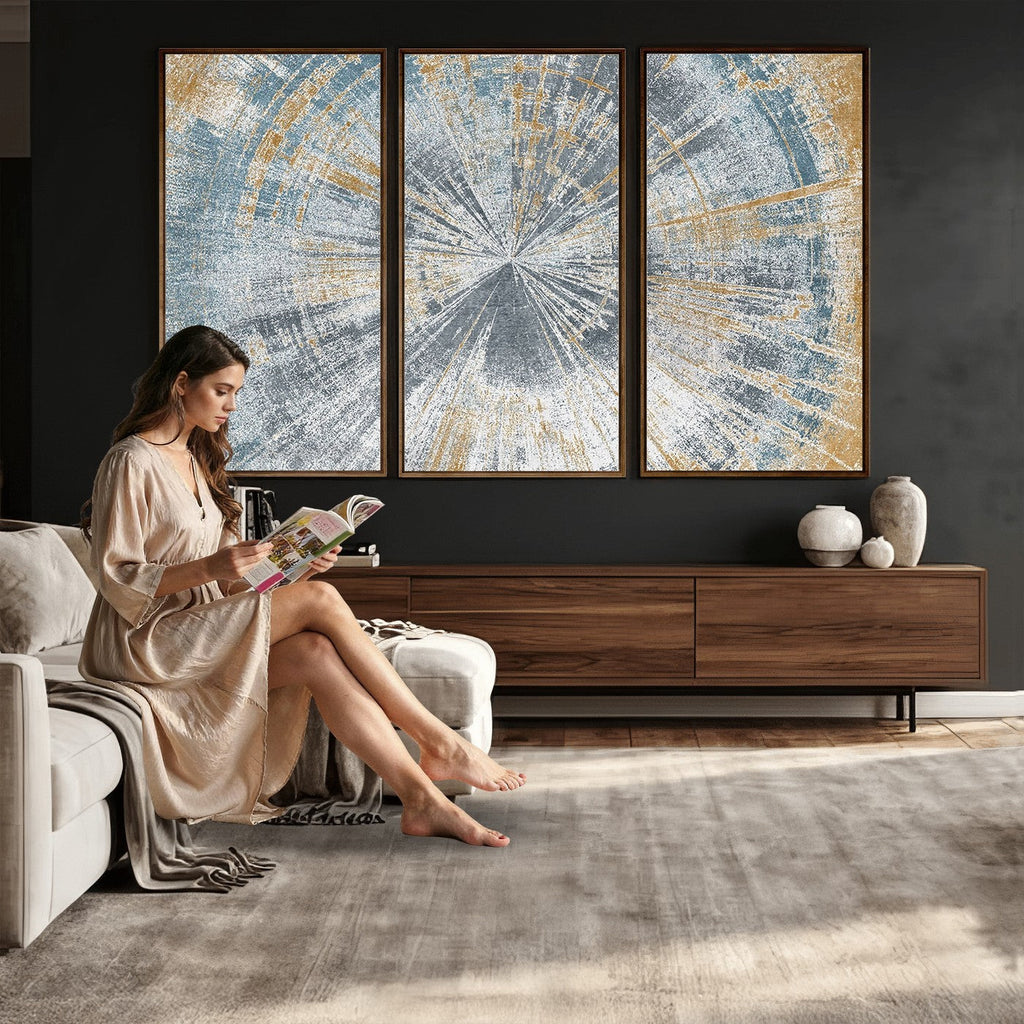 Radiant Abstract Wood Rings Canvas Art, Modern Triptych Wall Decor for Living Room or Office