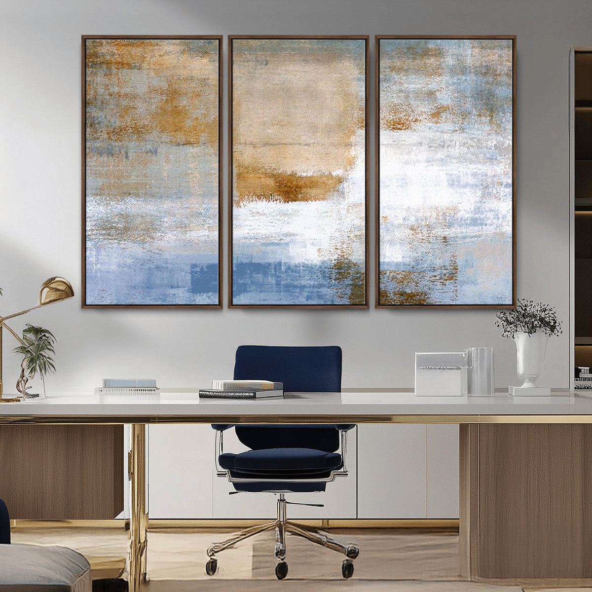 Blue Multi Panel Abstract Wall Art Canvas, Abstract Blue and Gold Canvas Print