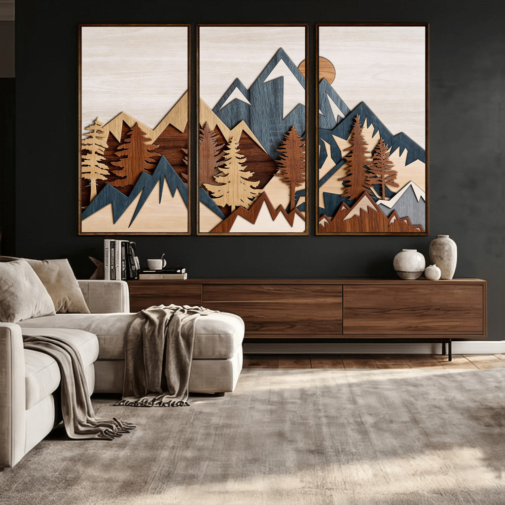 Rustic Abstract Wood Panel Effect Canvas | Mountain Range Top Wood Wall Art Canvas Print