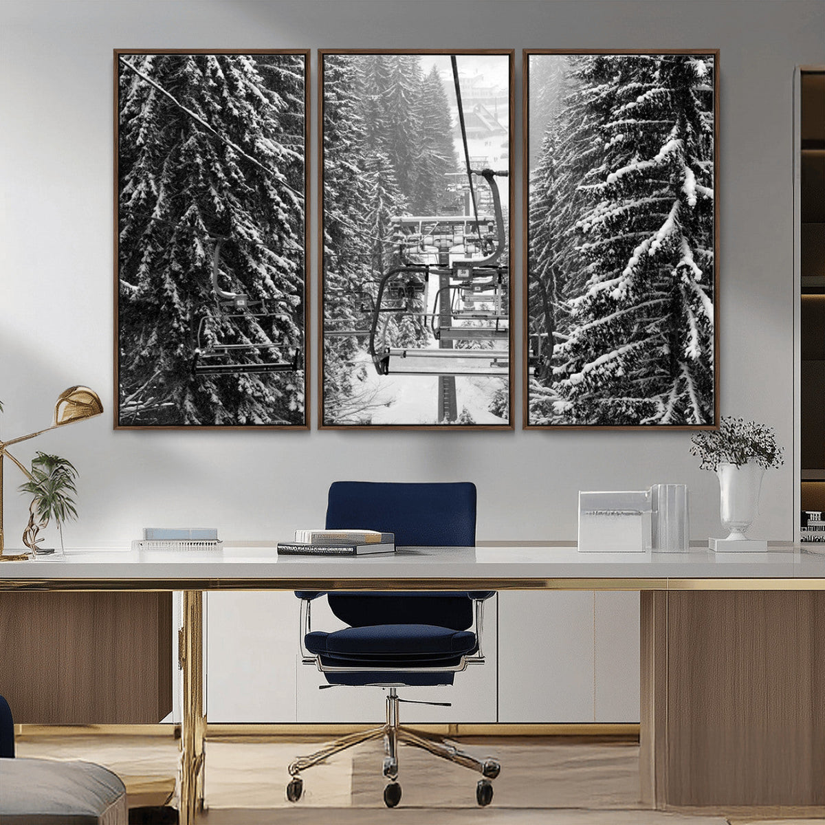 Winter Ski Lift Black and White Canvas Wall Art | Alpine Escape in Minimalist Style