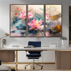 Lotus Flower Wall Art | 3 Panel Giclee Canvas Print of Pink Lotus Blossoms