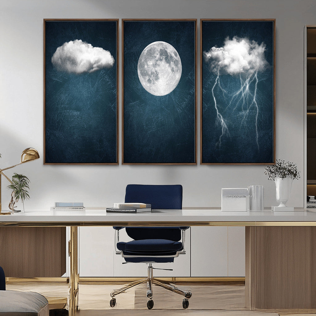 3 Piece Indigo Cloud Wall Art, Thunderstorm Moon Cloud Artwork