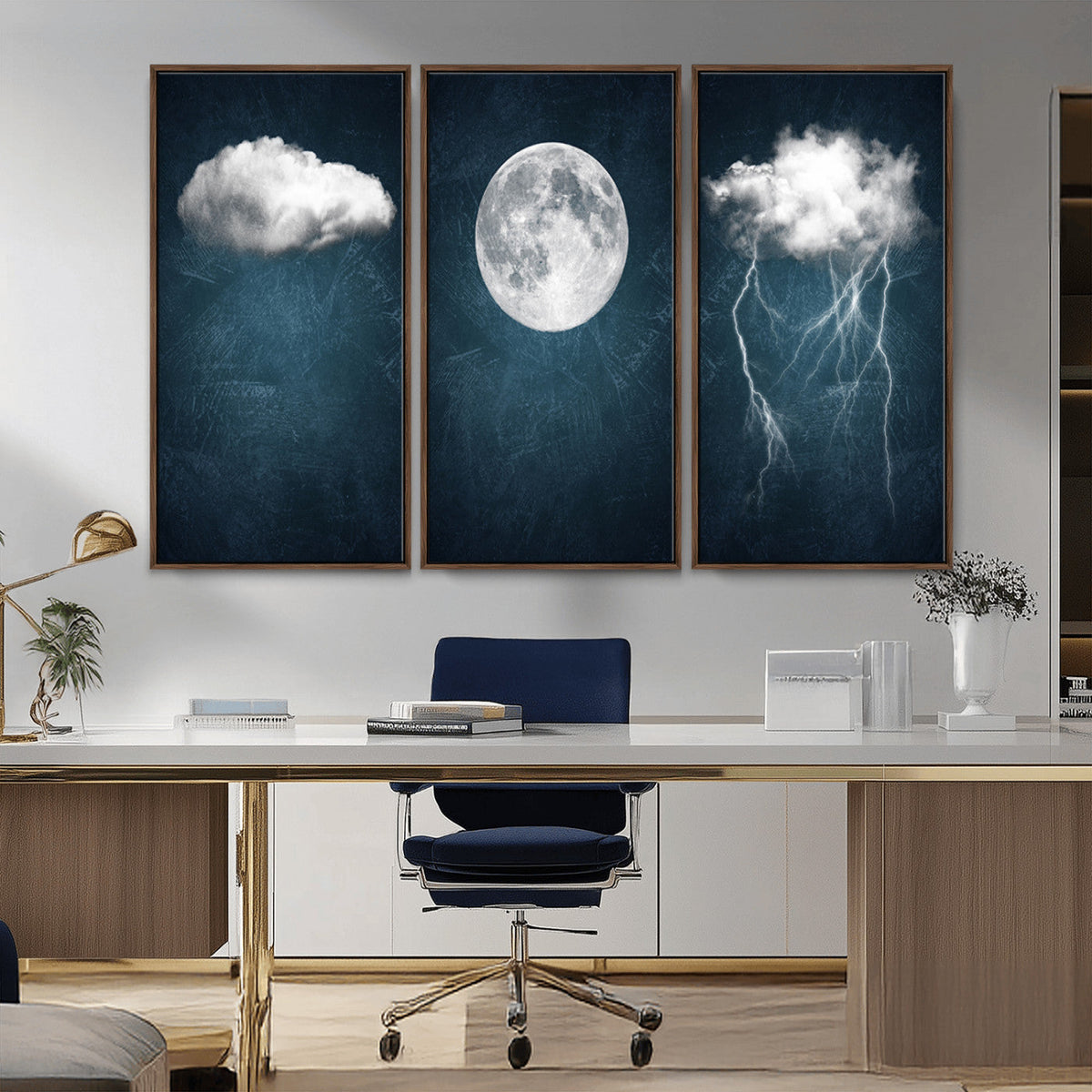 3 Piece Indigo Cloud Wall Art, Thunderstorm Moon Cloud Artwork