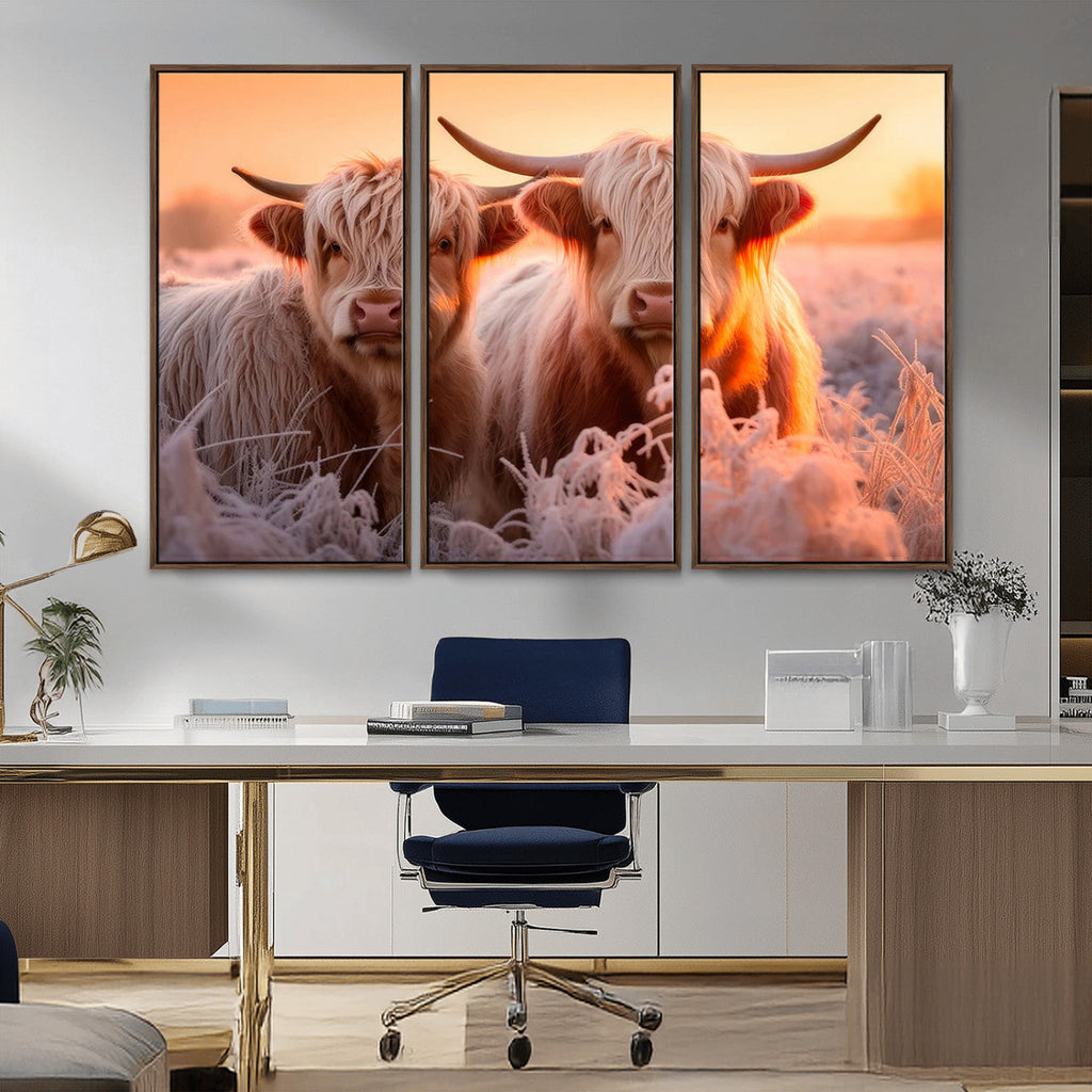 Highland Cows at Sunrise Wall Art Canvas Set