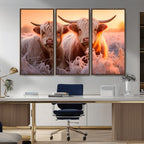Highland Cows at Sunrise Wall Art Canvas Set