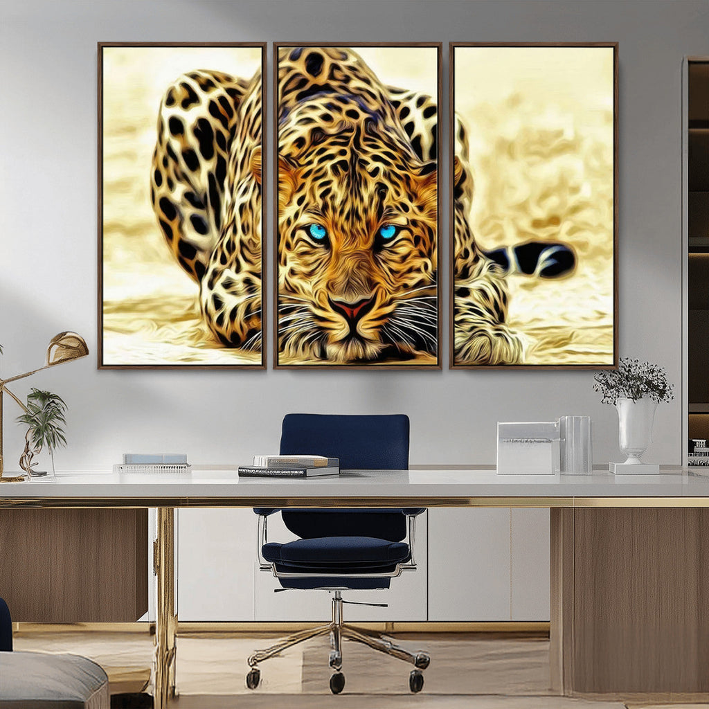 Blue-Eyed Leopard Canvas Wall Art, Framed Animal Print, Fierce and Bold Decor for Living Rooms