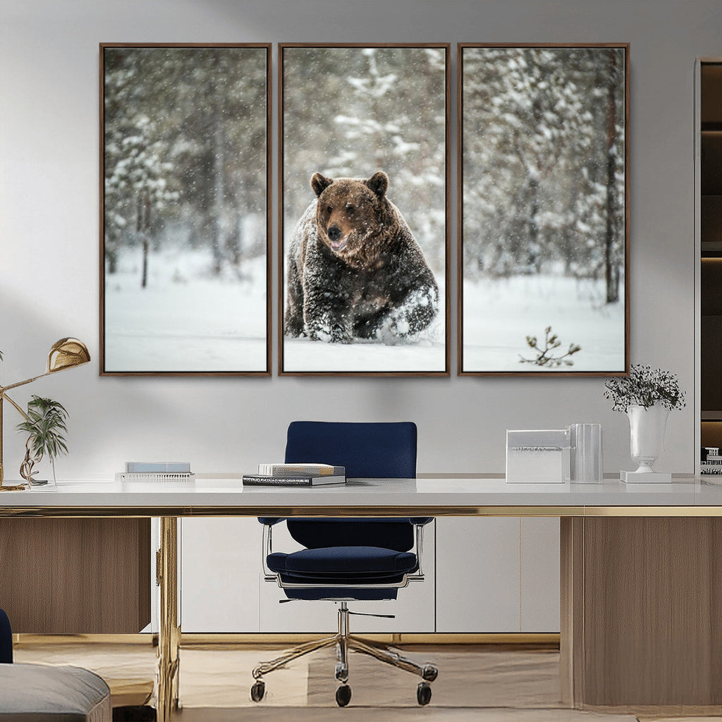 Grizzly Bear Wall Art | Framed Snowy Forest Canvas Artwork