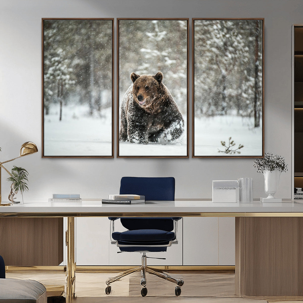 Grizzly Bear Wall Art | Framed Snowy Forest Canvas Artwork