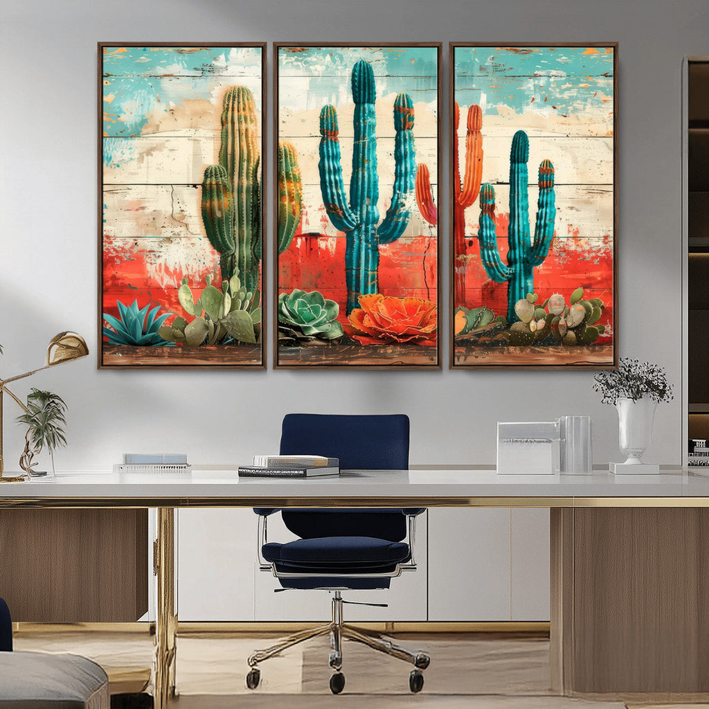Colorful Cacti Wall Art | Framed Vibrant Succulent Canvas
