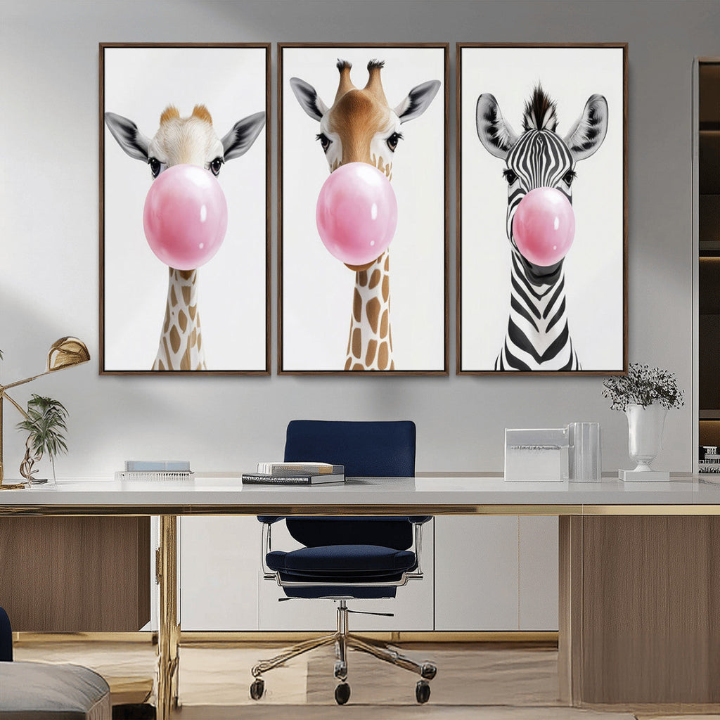 Bubblegum Animals Canvas Wall Art, Playful Giraffe and Zebra Trio, Whimsical Nursery and Kids Room Decor