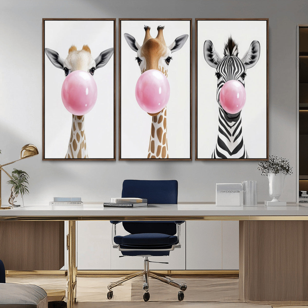 Bubblegum Animals Canvas Wall Art, Playful Giraffe and Zebra Trio, Whimsical Nursery and Kids Room Decor