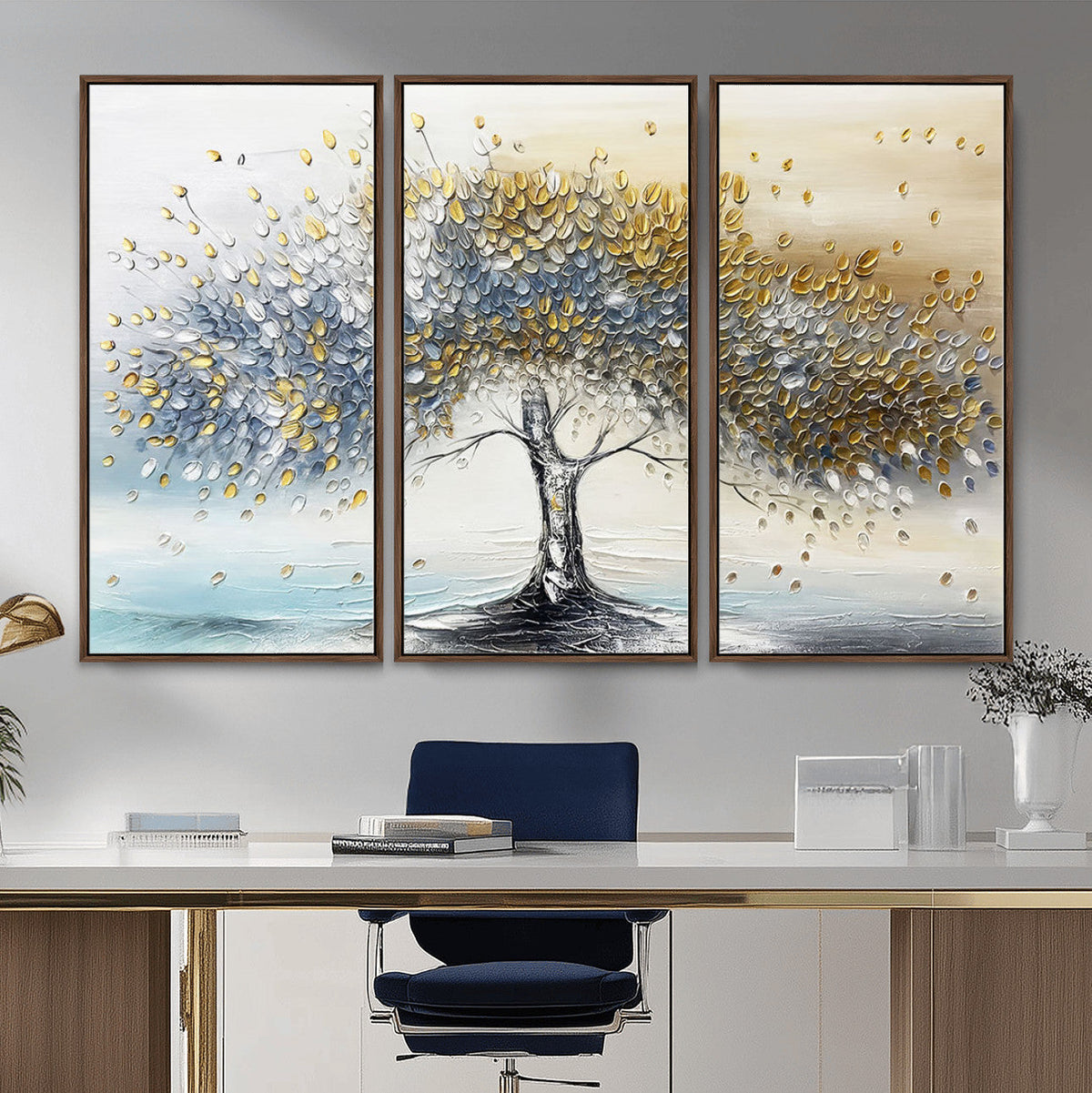 Golden and Silver Tree Wall Art | Framed Elegant Leaves Canvas