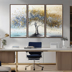 Silver Tree Wall Art | Framed Golden Leaves Canvas Artwork