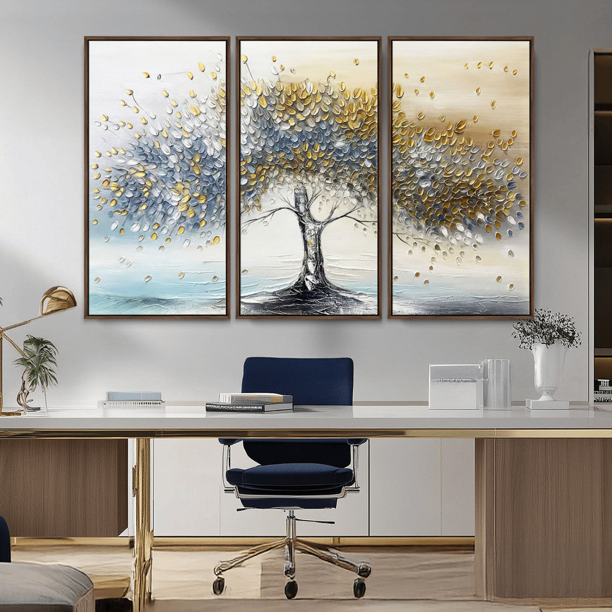 Silver Tree Wall Art | Framed Golden Leaves Canvas Artwork