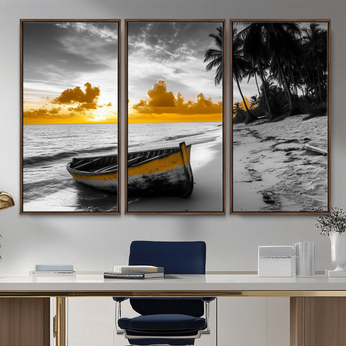 Yellow Rowboat Wall Art | Framed Tropical Shoreline Canvas