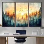 Sunrise Forest Wall Art | Framed Misty Pines Canvas Artwork