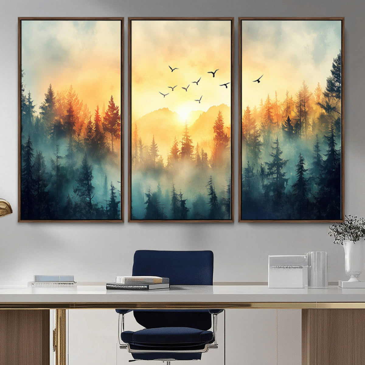 Sunrise Forest Wall Art | Framed Misty Pines Canvas Artwork