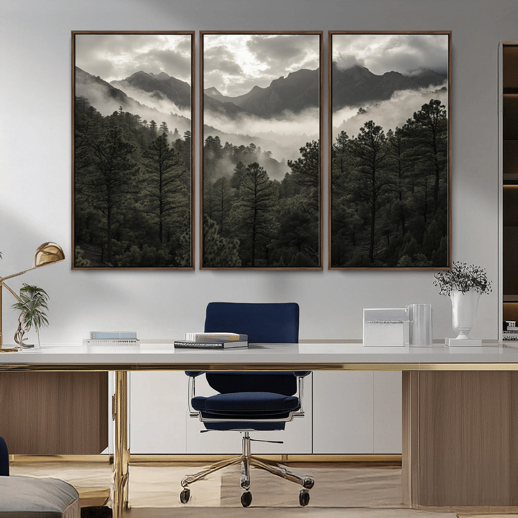 Moody Forest Wall Art | Framed Mountain Fog Canvas Artwork