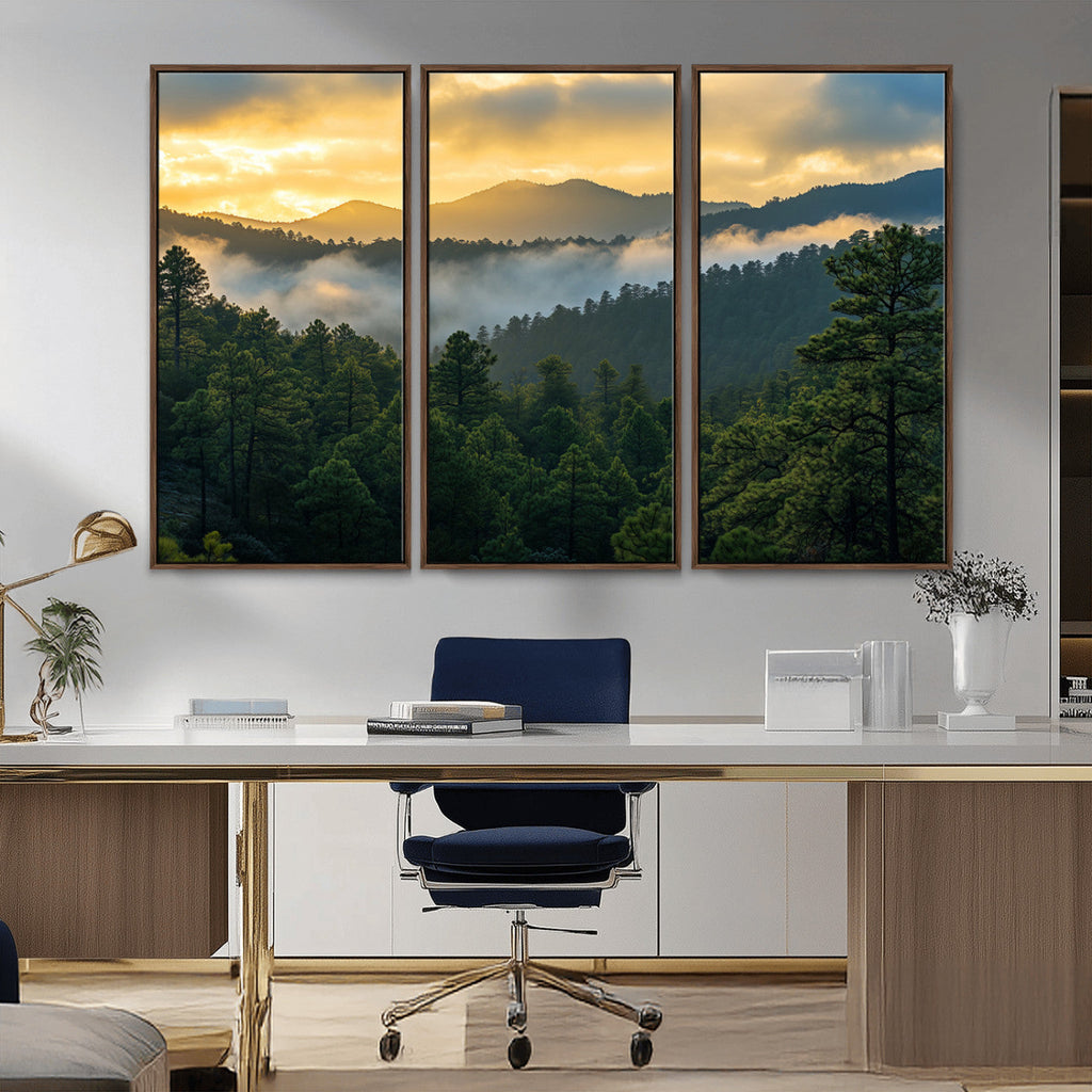 Mountain Sunrise Wall Art | Framed Pine Forest Canvas