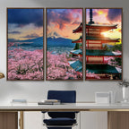 Mount Fuji Cherry Blossom Wall Art Canvas Print | Framed Pagoda Sunset