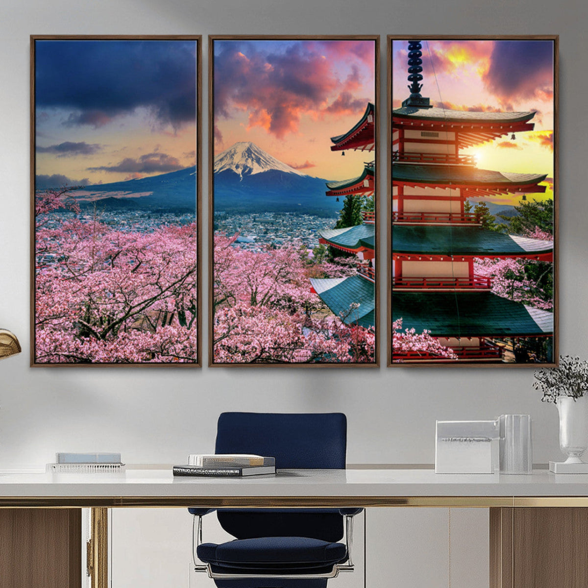 Mount Fuji Cherry Blossom Wall Art Canvas Print | Framed Pagoda Sunset