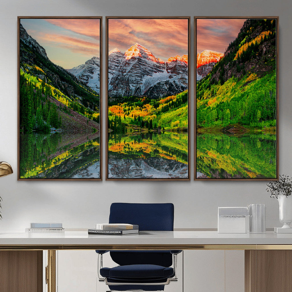 Sunset Glow Mountain Wall Art Canvas Print | Peaks, Green Forest and Lake