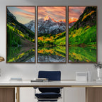 Sunset Glow Mountain Wall Art Canvas Print | Peaks, Green Forest and Lake