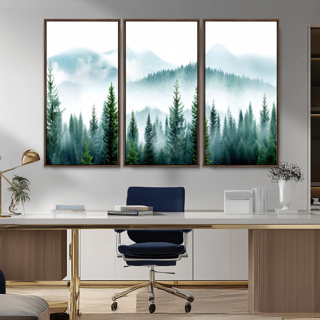 Misty Pine Forest Wall Art, Foggy Mountain Landscape Canvas