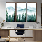 Misty Pine Forest Wall Art, Foggy Mountain Landscape Canvas