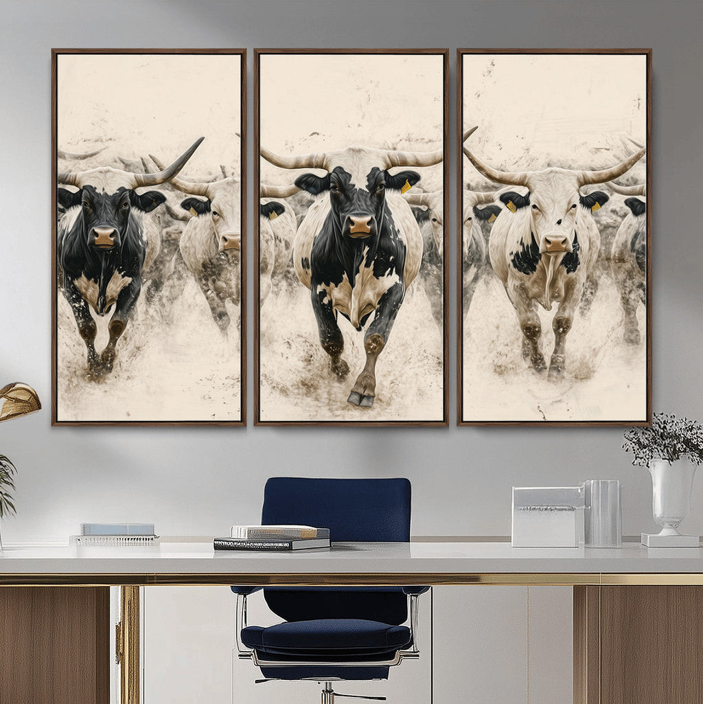 Texas Longhorn Wall Art | Framed Cattle Walking Canvas