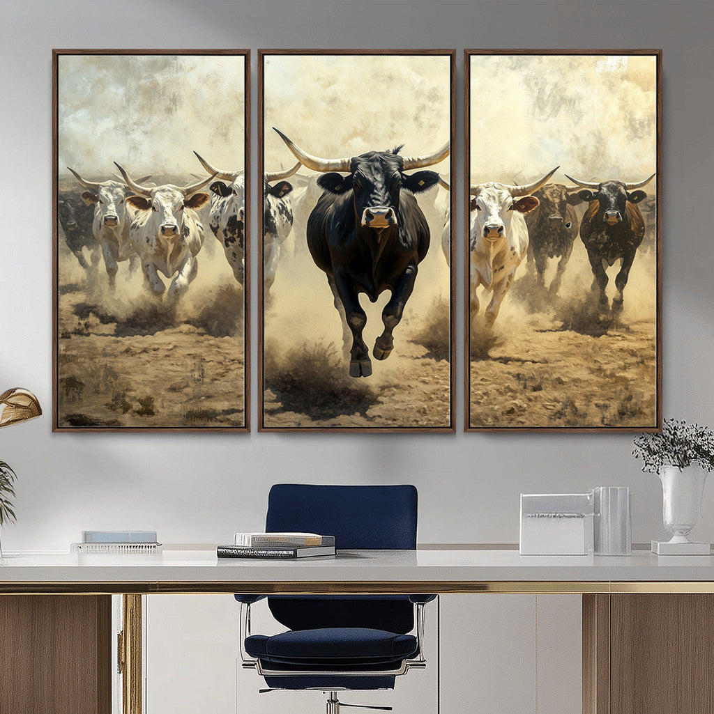 Texas Longhorn Wall Art | Framed Charging Cattle Canvas