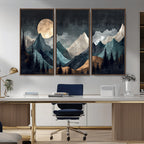 Moonlit Mountain Wall Art Canvas Print, Framed Silhouetted Pines Art, Layered Peaks Rustic Decor