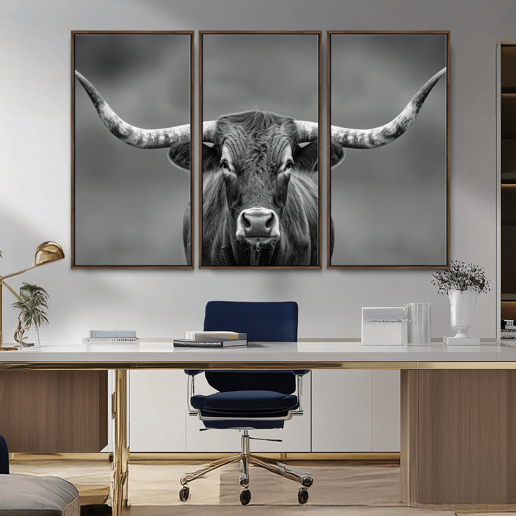 Texas Longhorn Wall Art Canvas Print, Framed Western Bull Photography, Rustic Log Cabin Decor