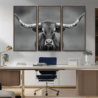 Texas Longhorn Wall Art Canvas Print, Framed Western Bull Photography, Rustic Log Cabin Decor