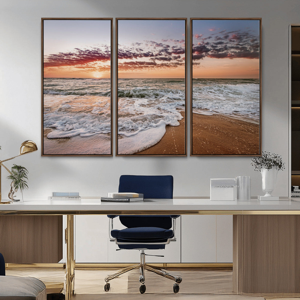 Ocean Sunset Wall Art Canvas Print | Sandy Shore and Gentle Waves