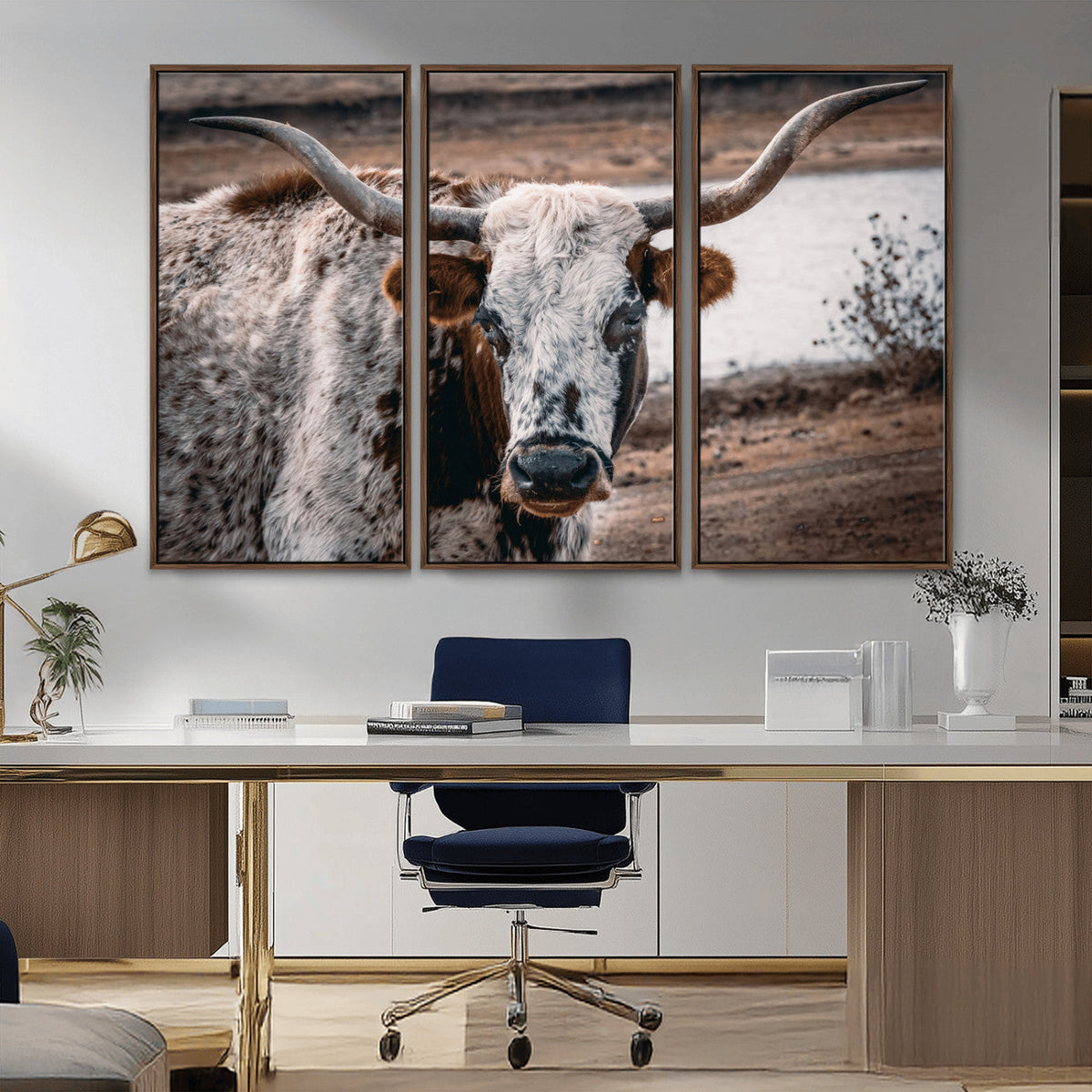 Texas Longhorn Wall Art Canvas Print | Framed Brown and White Spotted Longhorn