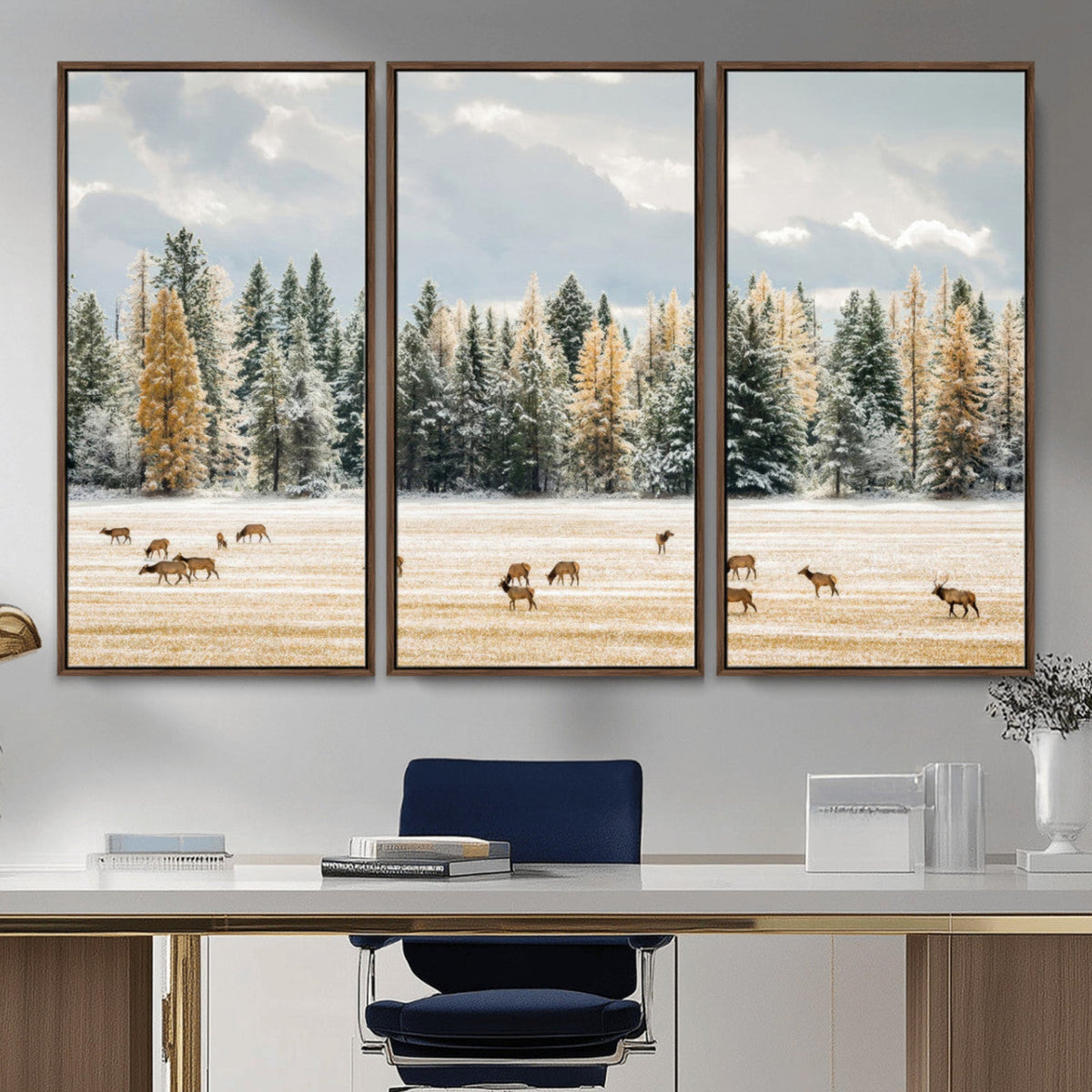 Elk Herd Wall Art, Framed Snowy Forest Canvas Artwork