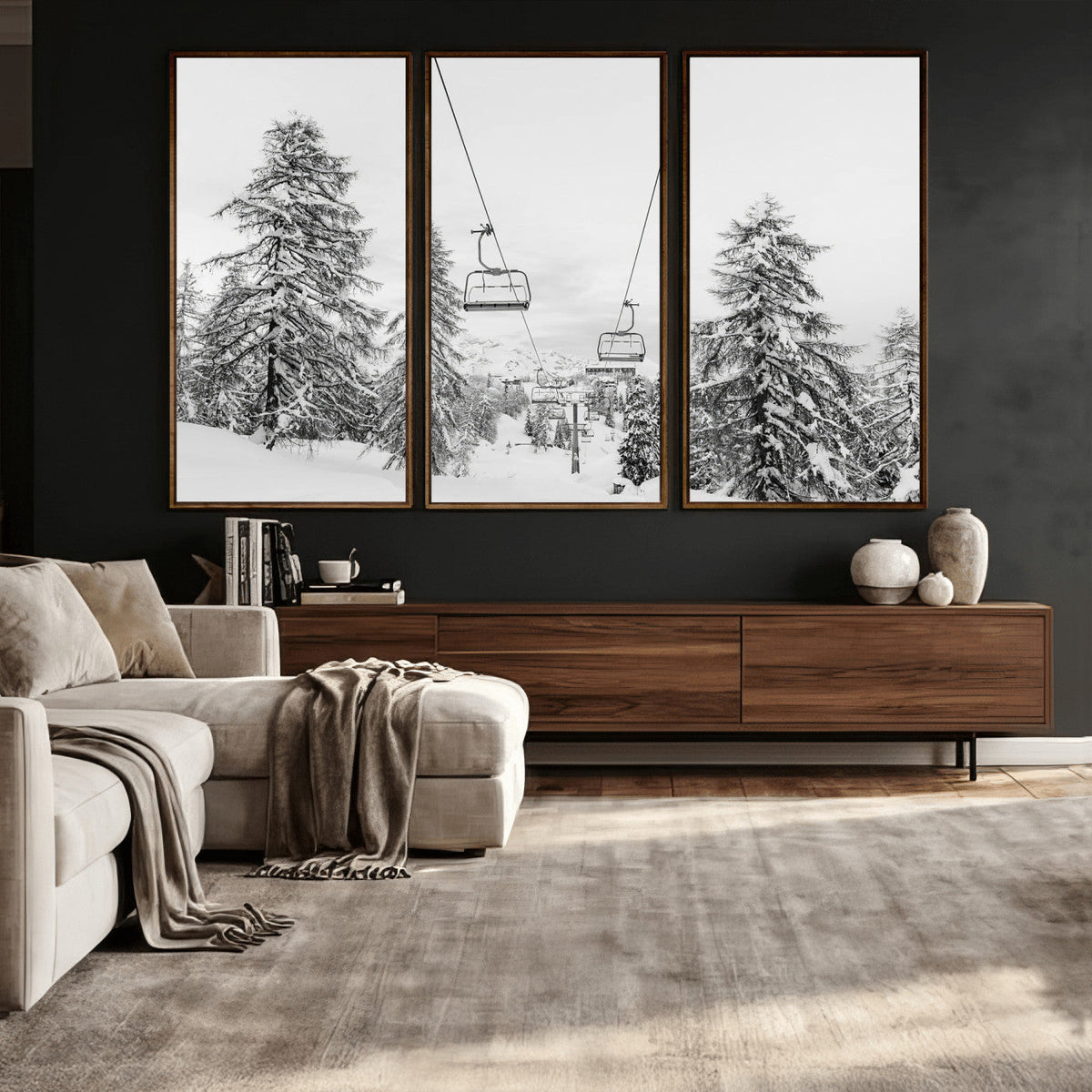 Snowy Ski Lift Wall Art | Framed Winter Forest Canvas