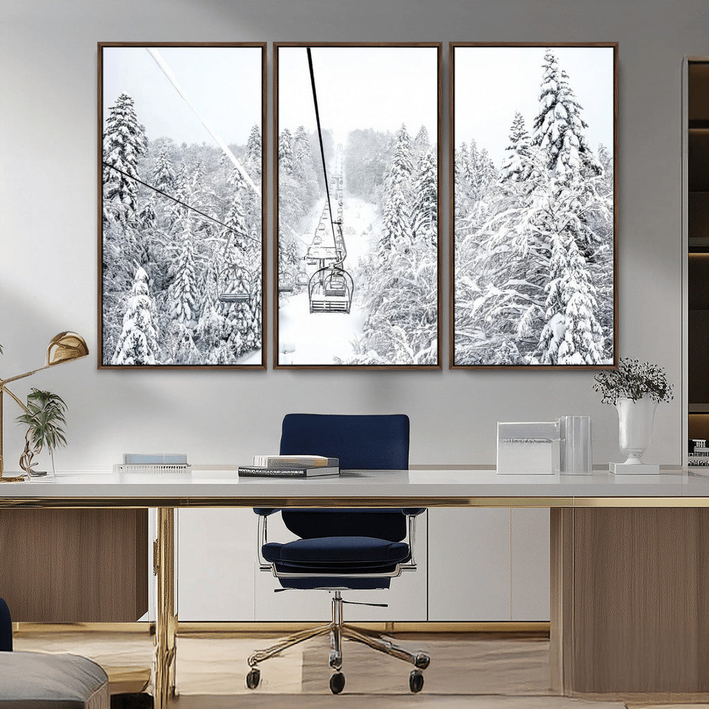 Snowy Ski Lift Wall Art | Framed Winter Mountain Canvas