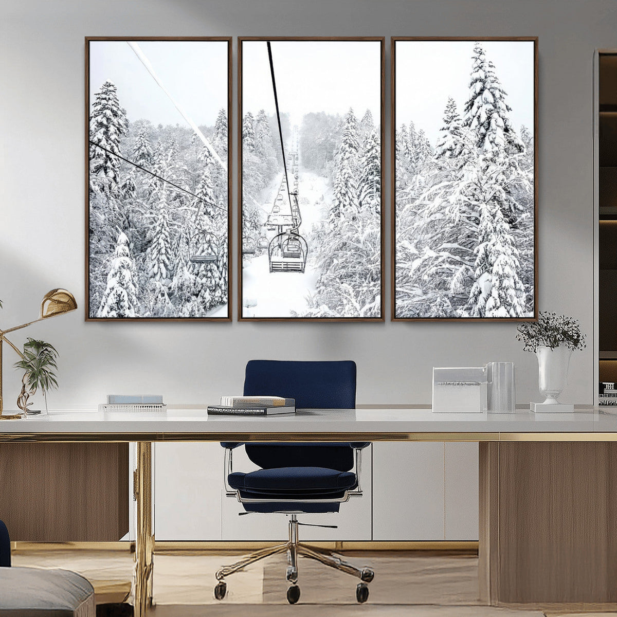 Snowy Ski Lift Wall Art | Framed Winter Mountain Canvas