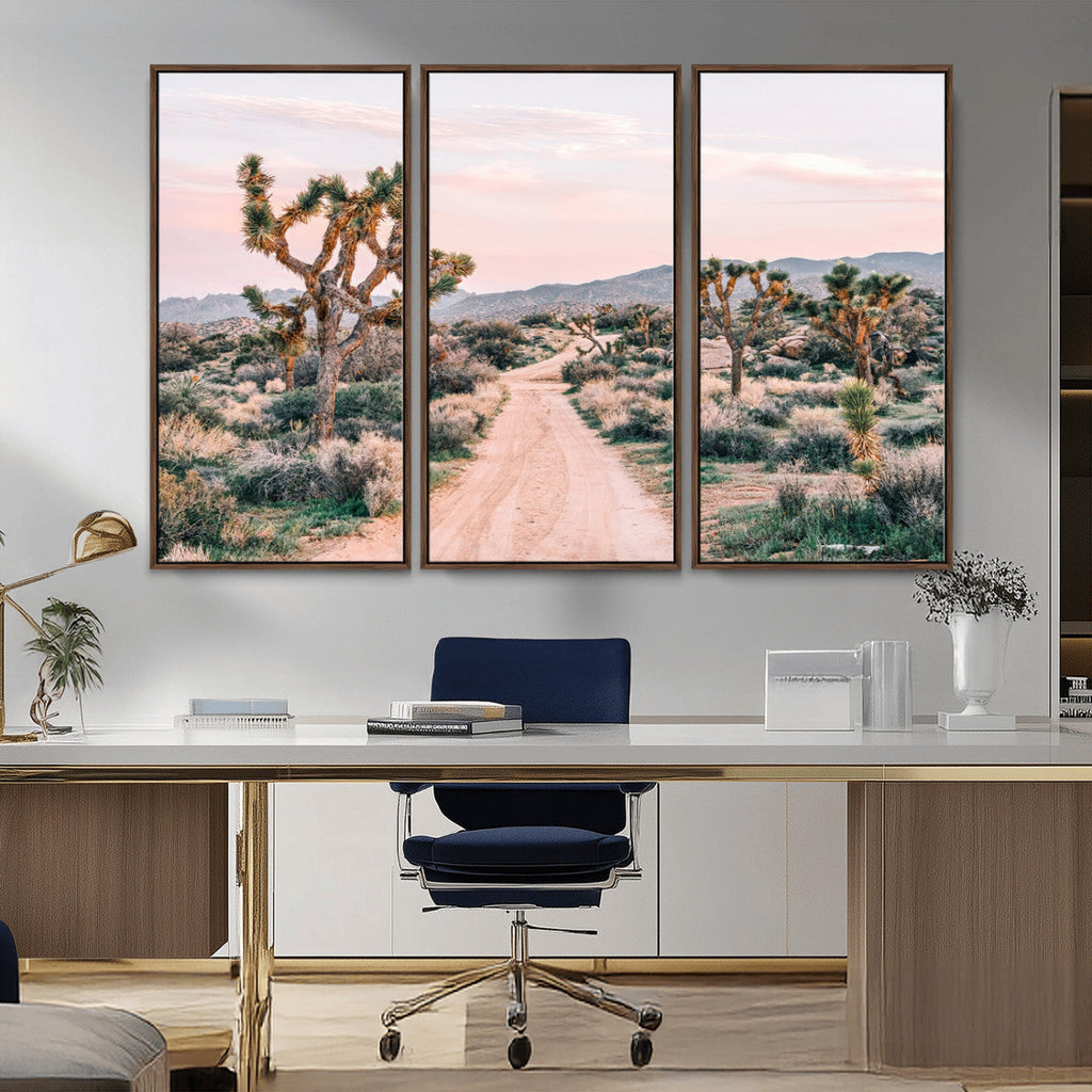 Joshua Tree Wall Art Canvas Print, Framed Desert Road Scene at Sunset