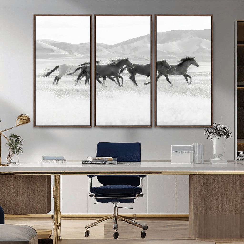 Wild Horses Running Wall Art Canvas Print, Framed Black White Mustangs Artwork