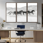 Wild Horses Running Wall Art Canvas Print, Framed Black White Mustangs Artwork
