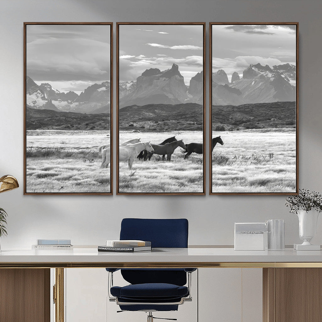Wild Horses Wall Art | Framed Black White Mountain Canvas