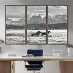 Wild Horses Wall Art | Framed Black White Mountain Canvas