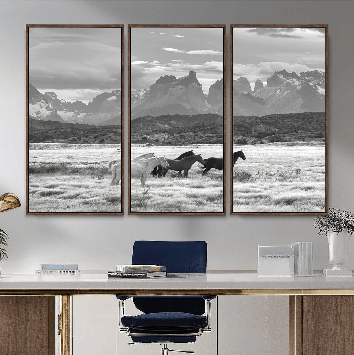 Wild Horses Wall Art | Framed Black White Mountain Canvas