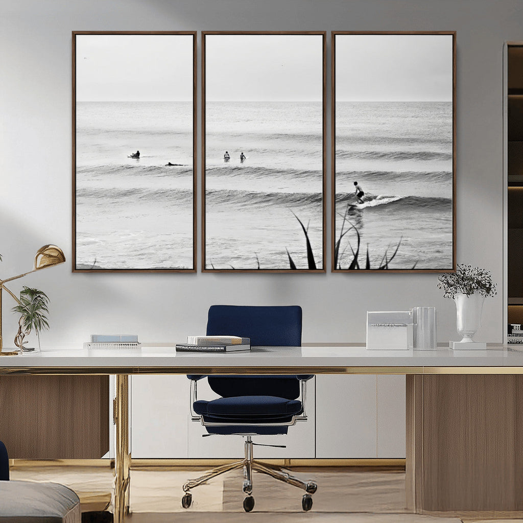 Surfer Silhouette Wall Art | Framed Calm Ocean Canvas